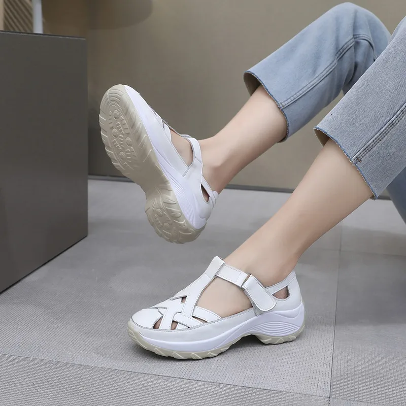 GKTINOO Women Platform Sandals Genuine Leather Comfy Flats Comfortable Ladies Casual Shoes White Sneakers Hollow Female Sandals