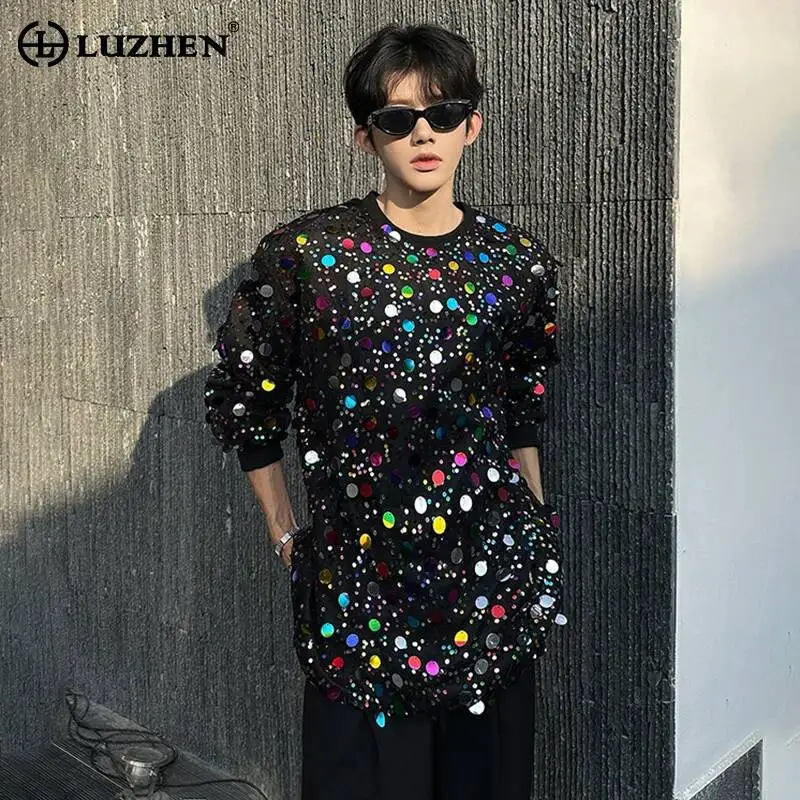 LUZHEN 2026 New Original Sequin Patchwork Long Sleeve T-shirts Men's Fashion Handsome Loose High Quality Male Casual Tops JY7789