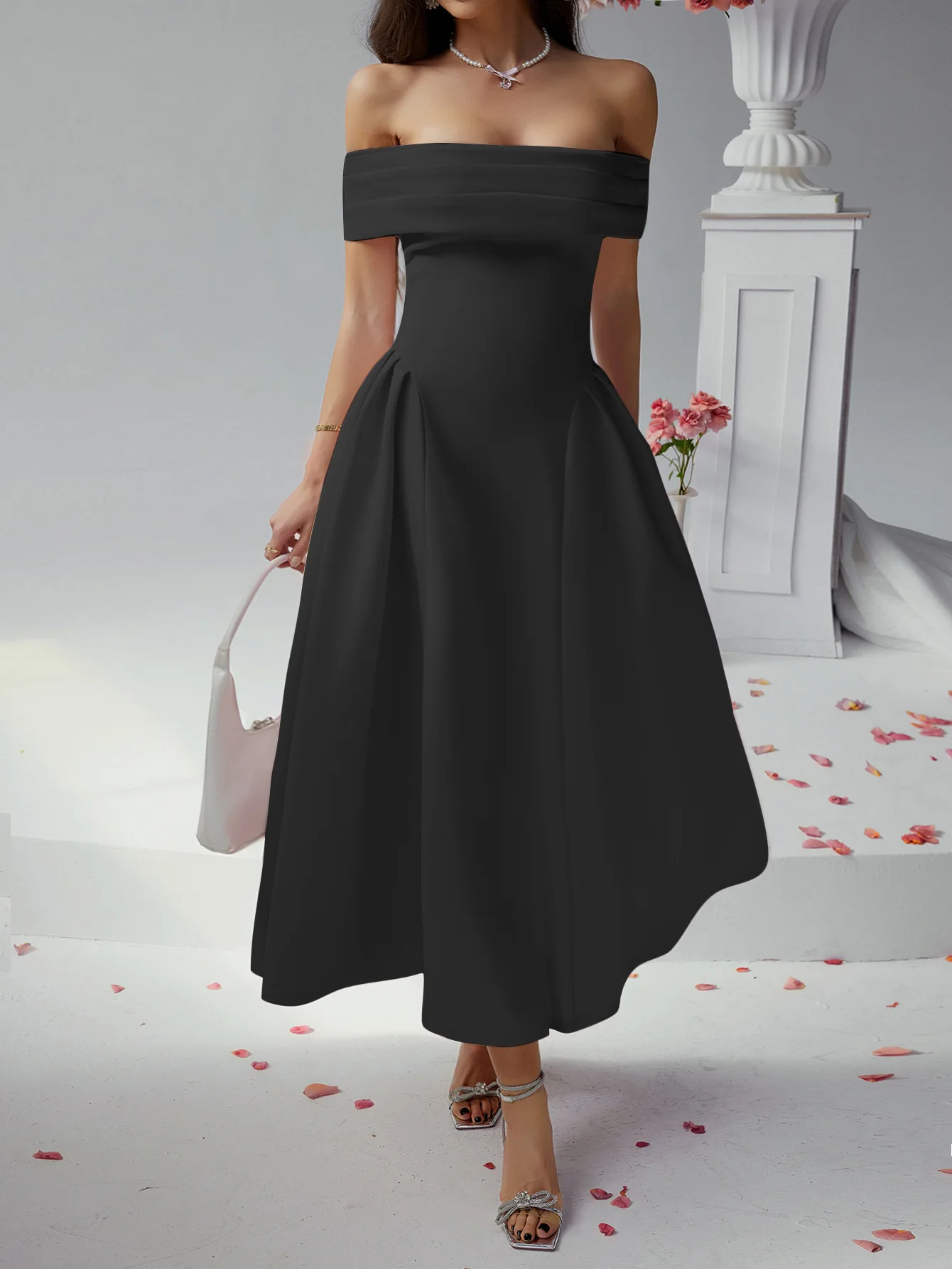 فستان سهرة للحفلات من SKMY فستان مكشوف الكتفين ملفوف على الصدر ملابس نسائية لربيع وصيف 2025 بلون سادة على شكل حرف a