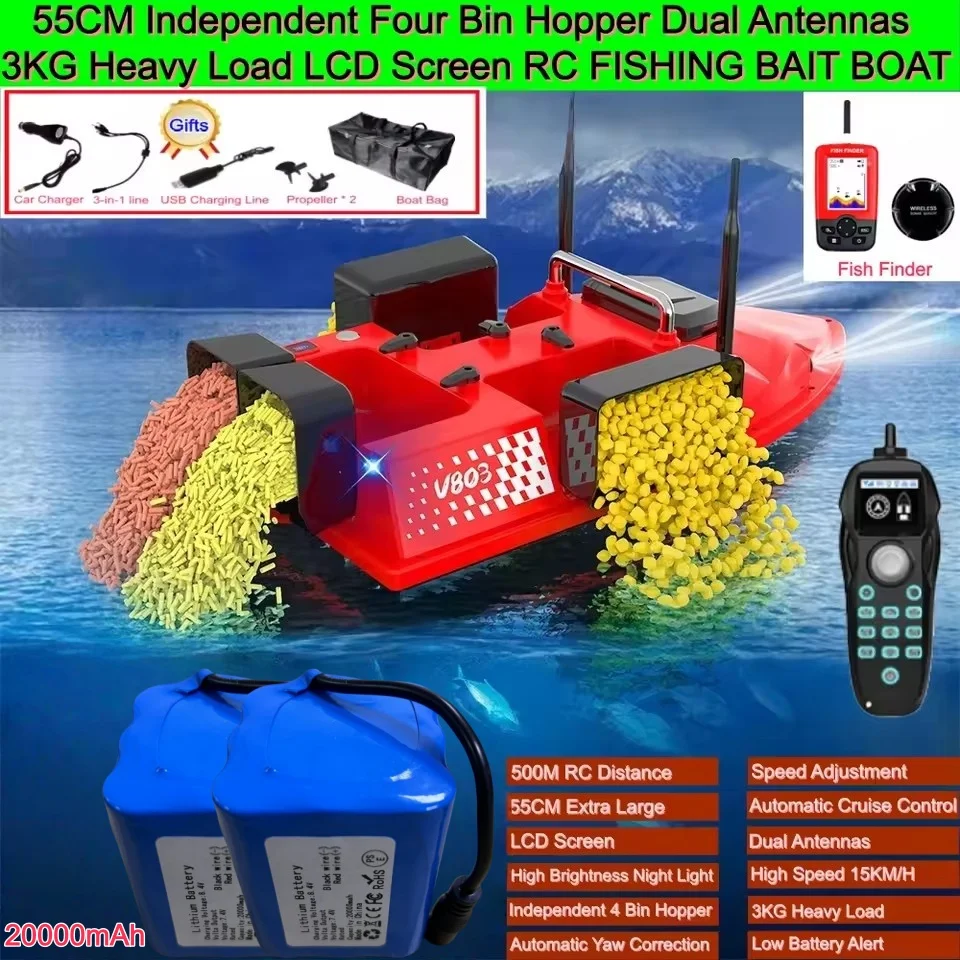 55CM Extra Large Nest Boa 15KM/H 500M 3KG Load 4 Hoppers RC Carp Fishing Bait Boat  LCD Screen 2 Speed Waterproof Fishing Boat