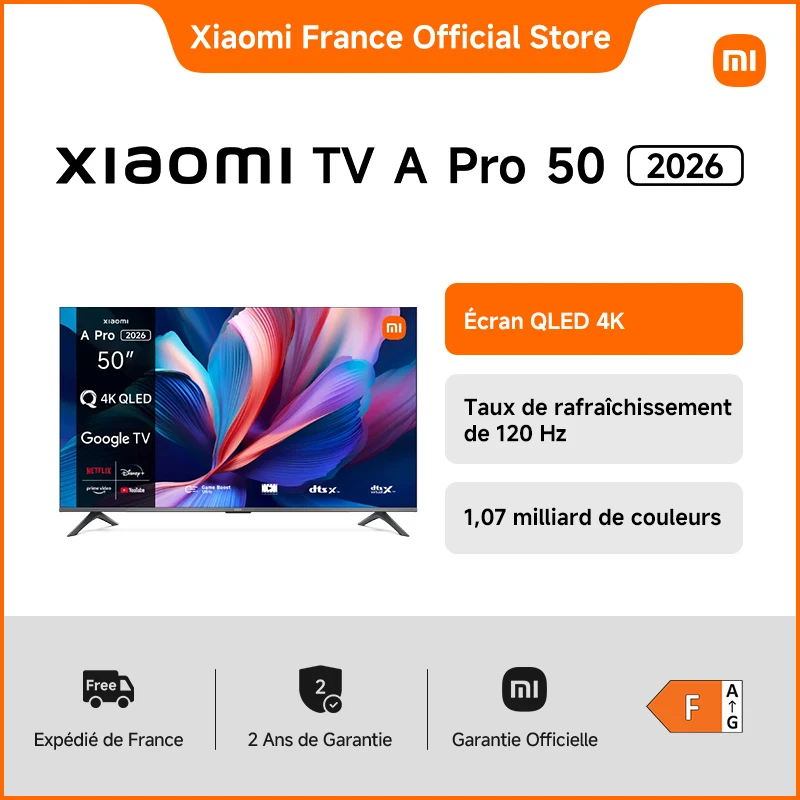 Xiaomi فرنسا |   شاشة Xiaomi TV A Pro 50 2026، 4K QLED، صوت غامر مع Dolby Audio ™ ، DTS:X، DTS Virtual:X، HDR10 + متوافق، 1,07 مليار لون، DCI-P3 94%