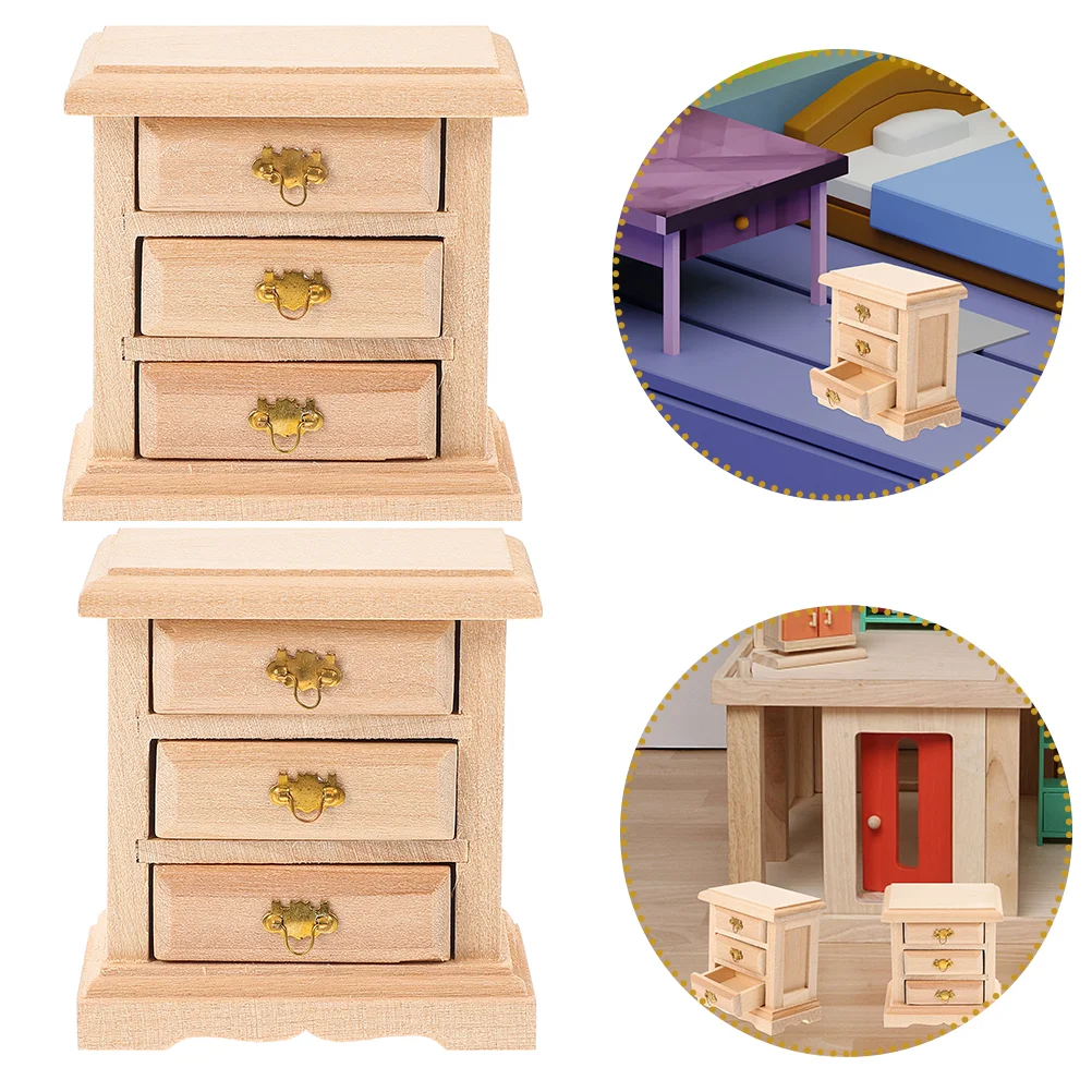 2 Pcs Dollhouse Bedside Table Dolls Cabinet Miniature Model Furniture Solid Wood