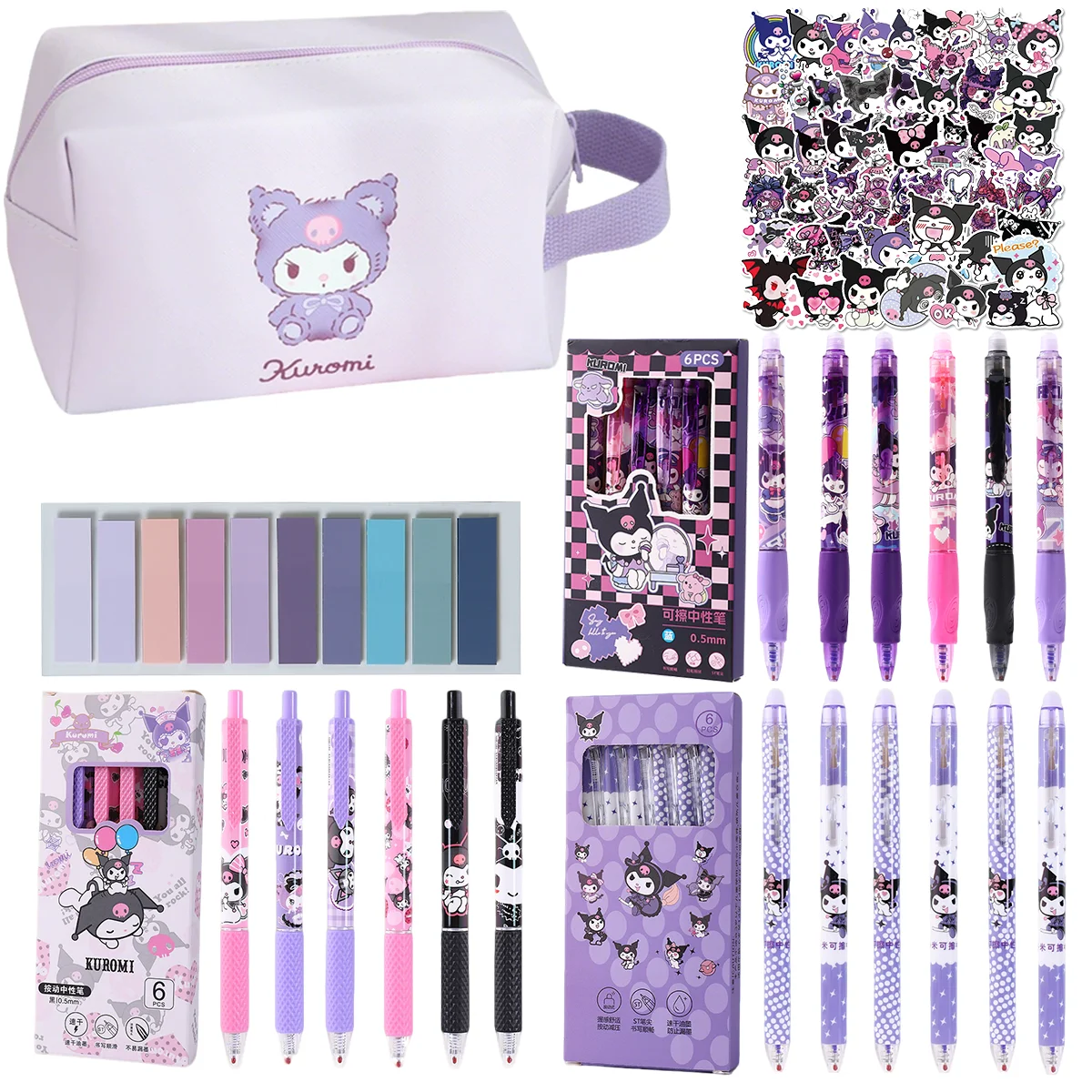 

21 шт. обучающих канцелярских товаров Sanrio. | милые гелевые ручки Kuromi*18 | пенал*1 | красочные стикеры*1 | Наклейки Куроми*50