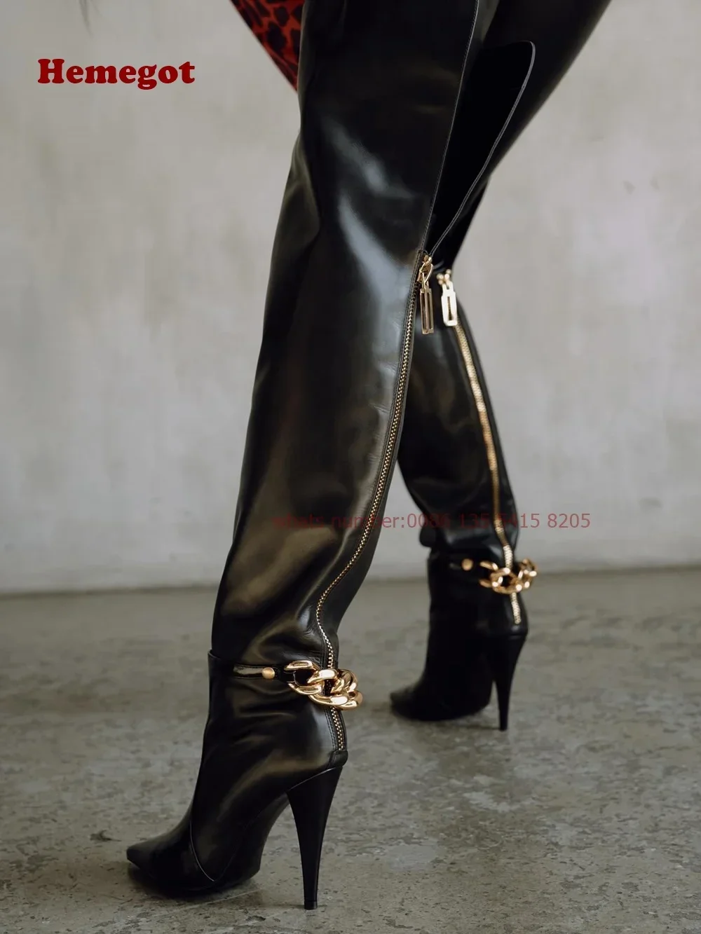 Patchwork Kette Reißverschluss Lange Stiefel Spitze Zehen Metall Dekor Stiletto Heels Overknee Stiefel für Frauen Winter Runway Schuhe Sexy