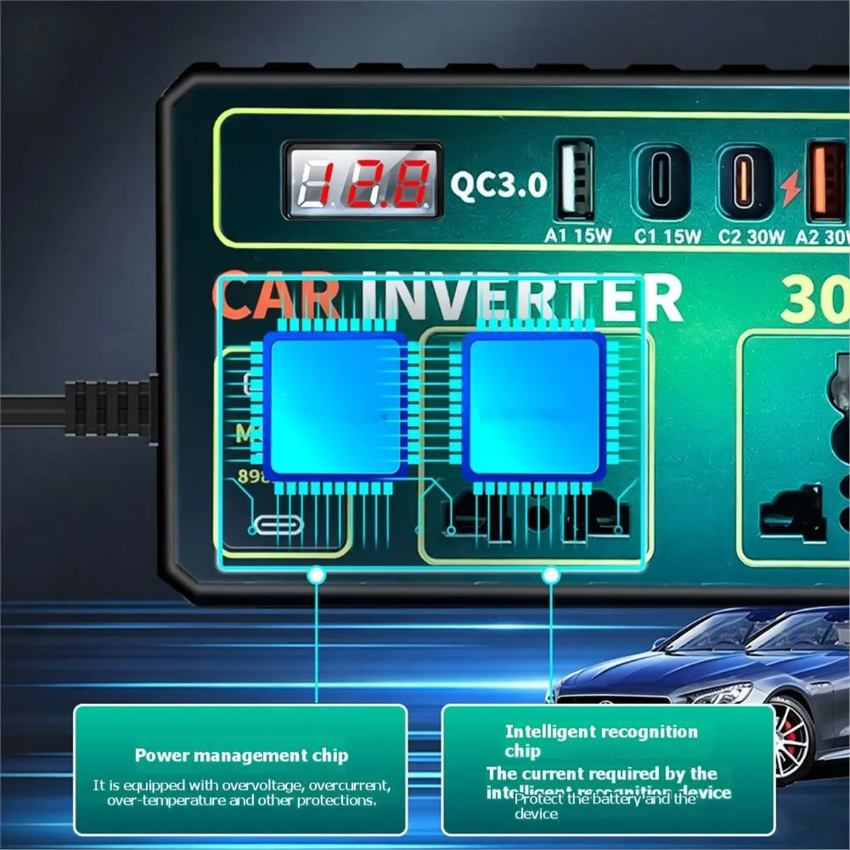 12V to 220V 300W Lighter Car Inverter with Dual Type-C Multi-Port Fast Charging Power Supply