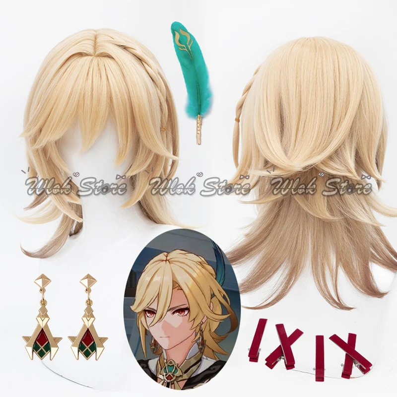 Genshin Impact Kaveh Cosplay Wig Linen Gold With Braid Feather Hairpins Earrings Halloween Party Heat Resistant Synthetic Hair