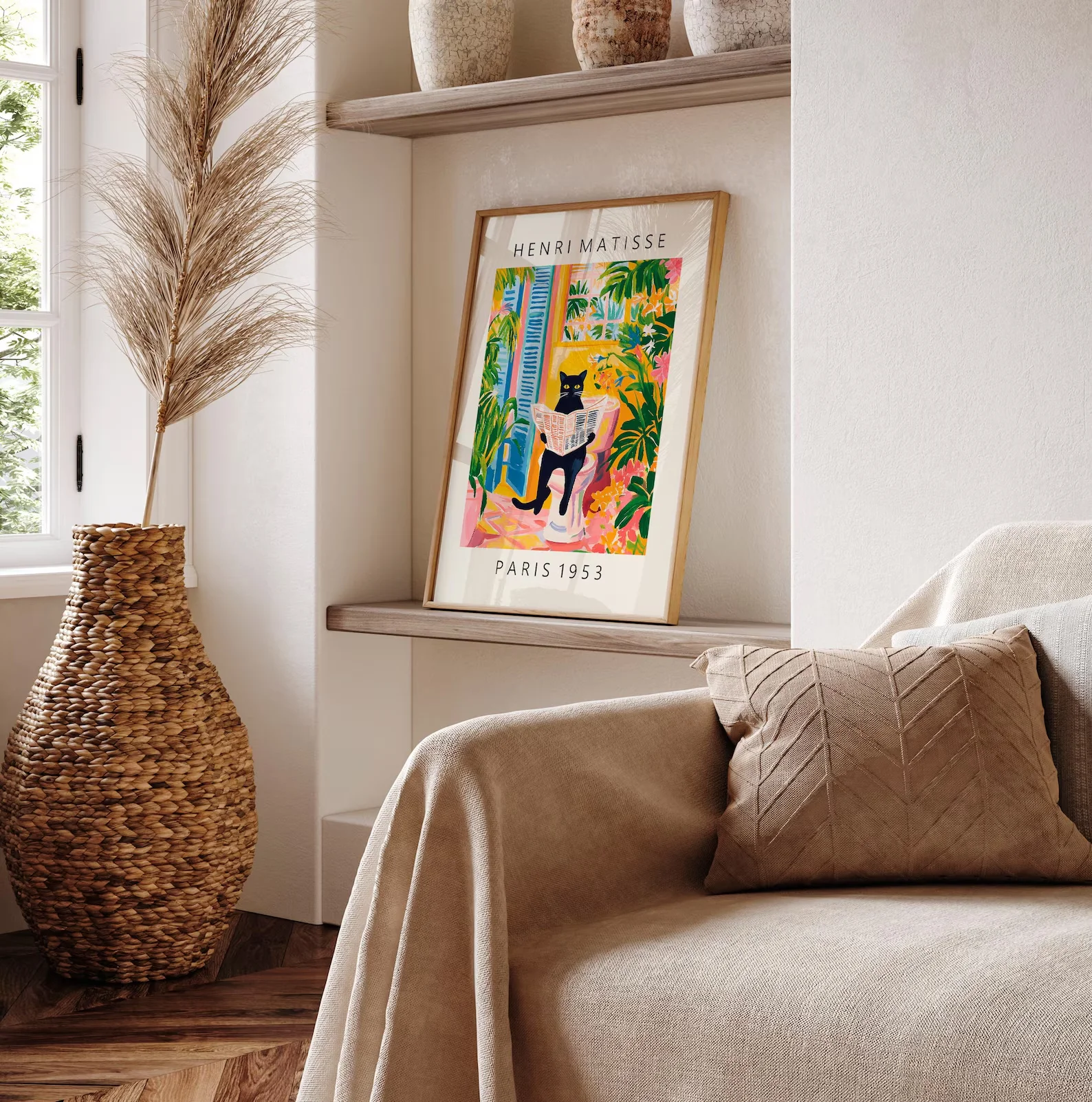 Black Cat on Toilet Bathroom Wall Art Matisse Canvas Poster Funny Aesthetic Bathroom Decor Pink Tropical Decor Frameless view 5