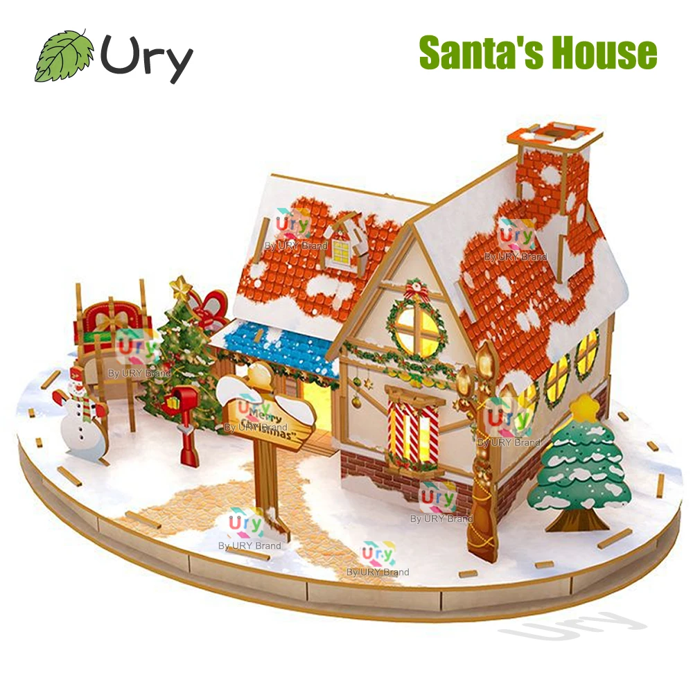 3D Wooden Puzzle Christmas Santa Claus's Cabin Snowhouse Villa Garden with Light Assembly Toy Kids Adult DIY Model Kit for Gifts