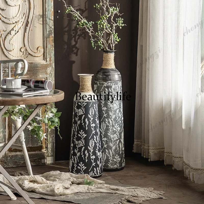 Living Room Hotel Entrance Decorative Ornament Homestay Illustration Round Bottle Wrought Iron Printing Retro Floor Vase