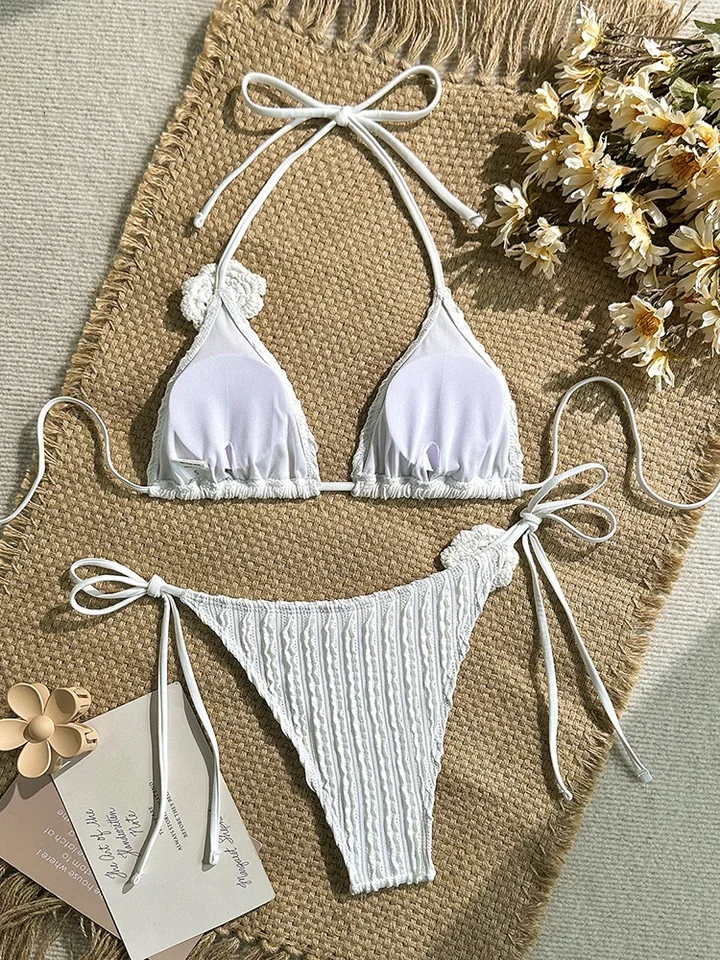 Vzvn Fashion Sexy Solid Laced Up 3D Flower Bikini Women Split Swimsuit Beach Bikini 2026 All Season Backless Bikinis 2 Piece Set