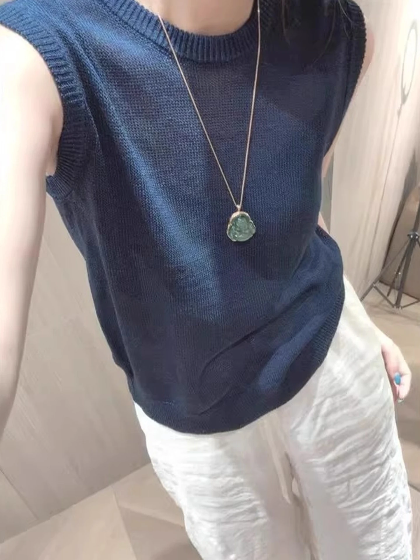 

Шикарный круглый трикотаж Ne, повседневный однотонный жилет для женщин, осенняя мода, корейская версия, мягкий средний размер