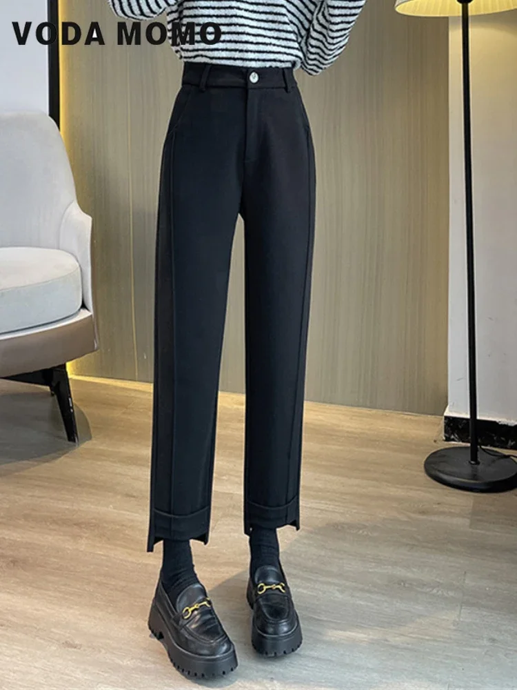 

Женские повседневные офисные брюки-карандаш, шерстяные прямые брюки, женские свободные брюки с высокой талией в английском стиле до щиколотки, осень-зима