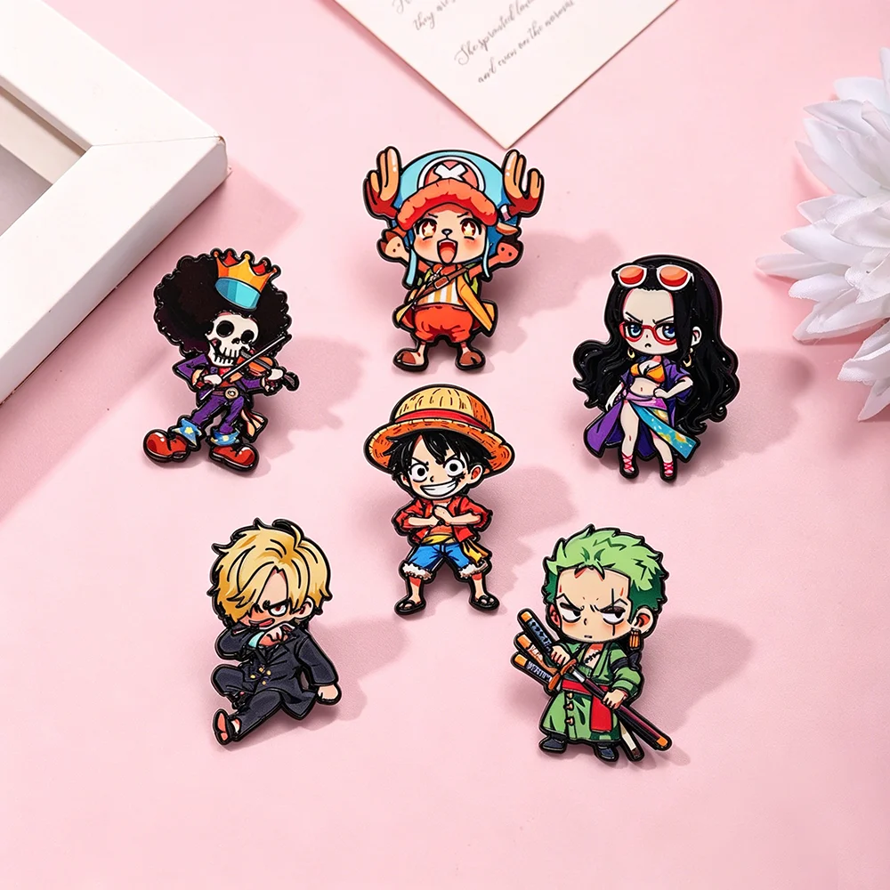 6 pzas. de pines esmaltados de anime One Piece, broches creativos de personajes piratas como Luffy, Zoro y Boa Hancock, para bolsos, chaquetas, regalo