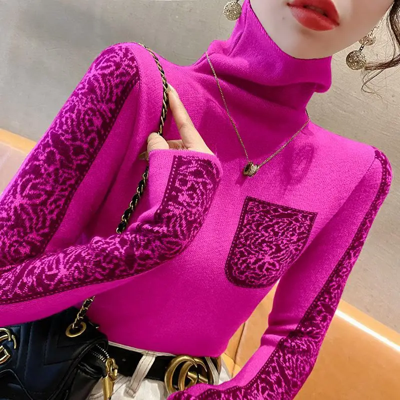 Turtleneck Long-sleeved Inner Wear 2024 New Autumn Commuter Winter Chic Print Slim-fit Fashion Knitted Sweater Pullover