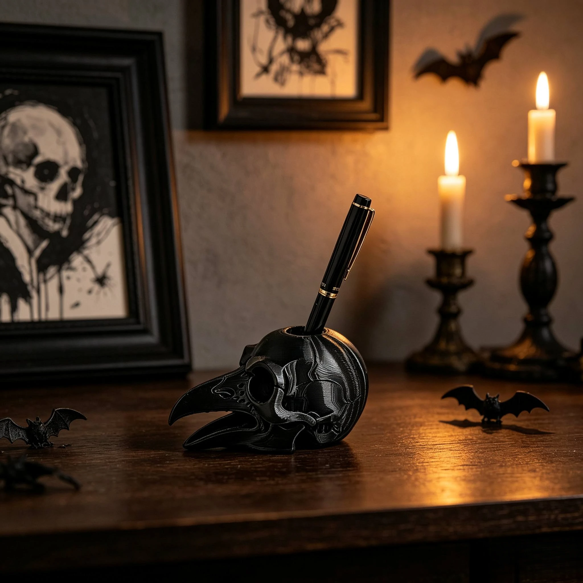 Vintage Gothic Raven Skull Pen Holder Sculpture Study Room Organizer Ornament Halloween Desktop Decor for Office Stationery Gift