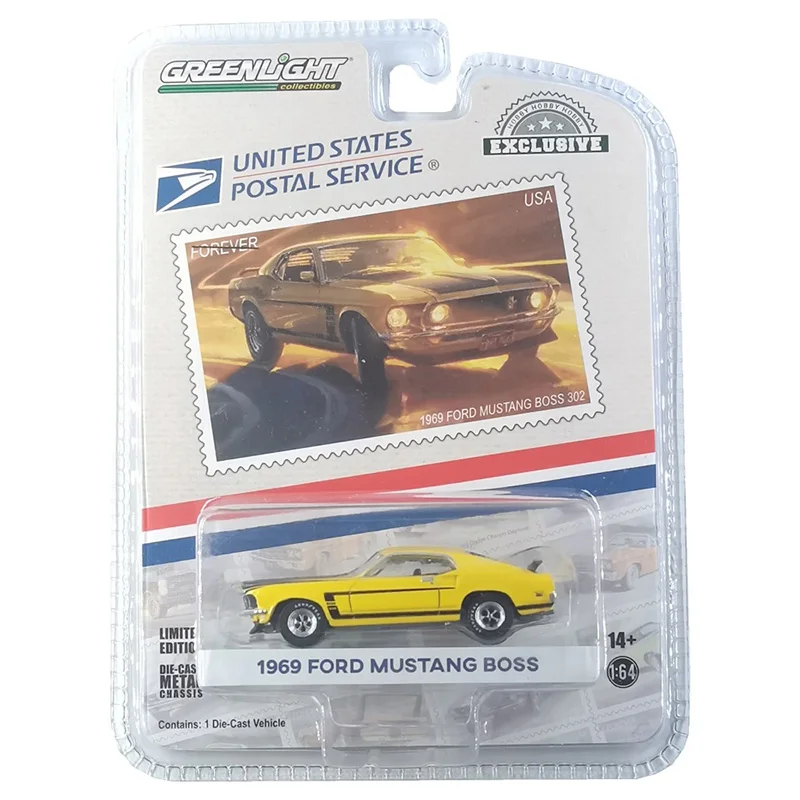 GreenLight 1/64 1976 Yellow with Black Hood and Stripes Pony Car Stamp Collection Hobby Exclusive Series Diecast Model Car By