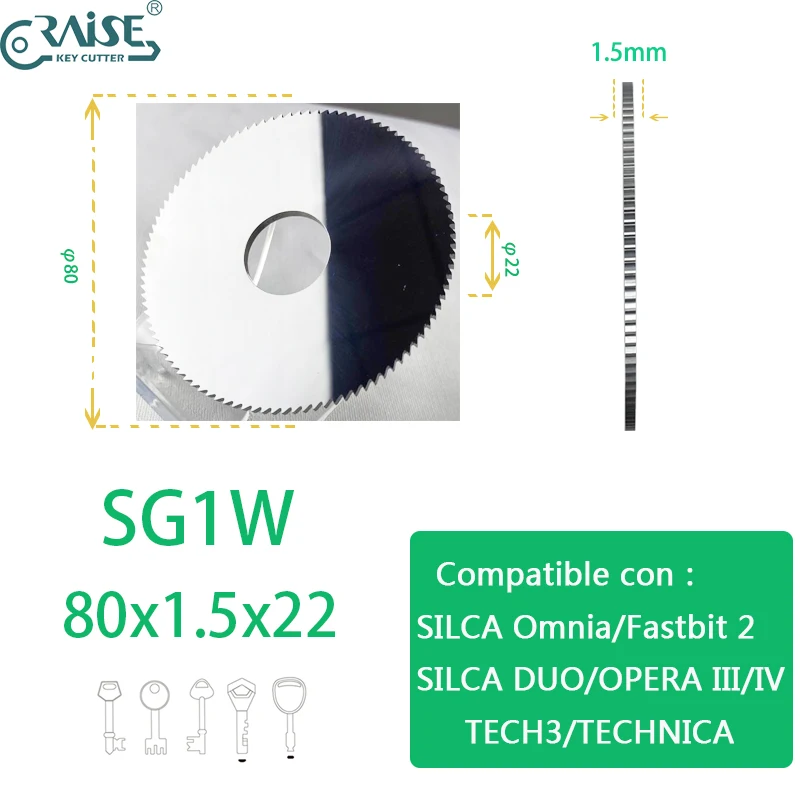Cortador de RAISE Compatible con SG1 SG1W 80x1.5x22 SILCA Omnia Fastbit2 DUO OPERA TARGA TECHNICA KEYLINE BIANCHI 202