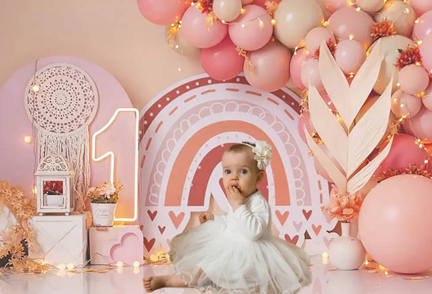 AIBIIN 7x5ft Pink Girl 1st Birthday Photography Background Bohemia Theme Balloons Rainbow Child Portrait Photo Studio Props