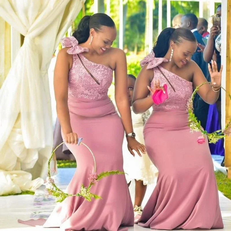 African Sweet One Shoulder Bridesmaid Dress Wedding Guests Mermaid Bridesmaid Dress Bow Large Size Customization