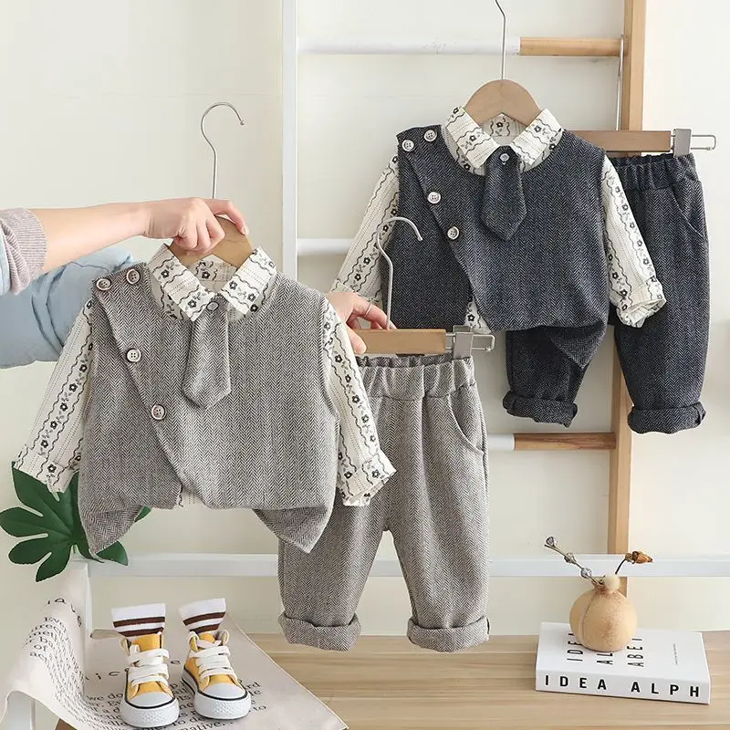 

Children's Spring Autumn Thin Vest Korean Set 2025 New Kid Boys Shirt+Vest+Pants+Tie 4 Piece Set Baby Long Sleeve Autumn Outfits