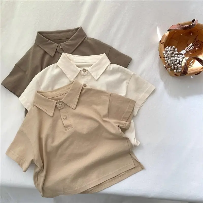 Pure Cotton Summer  Polo Collar Short Sleeved T-shirt Versatile for Boys and Girls Solid Color Simple Children's Top