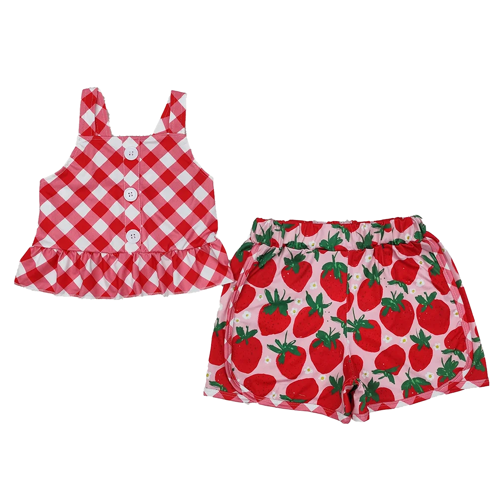 

GSSO2037 Baby Girls Red Checkered Straps Top Strawberry Shorts Clothes Sets