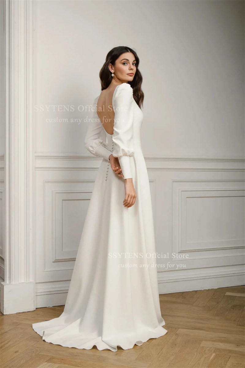 SSYTENS élégant col carré une ligne robes de mariée manches longues longue robe de mariée femme dos ouvert plis robe de mariée personnalisée