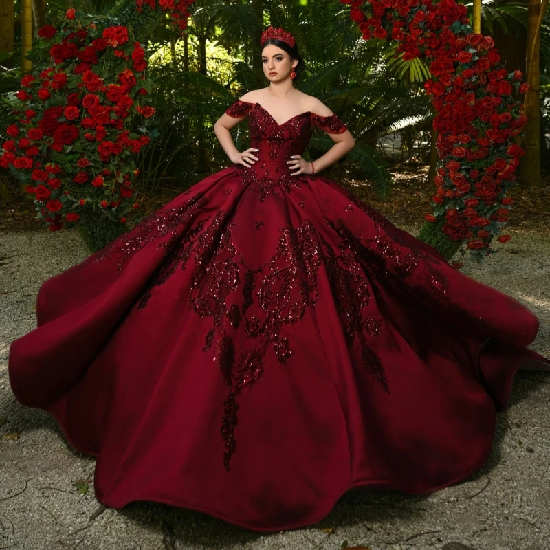 

Red Quinceanera Dresses Ball Gown Off The Shoulder Beads Applique Lace Beads Tull Corset Party Birthday Sweet 16 Vestidos 15