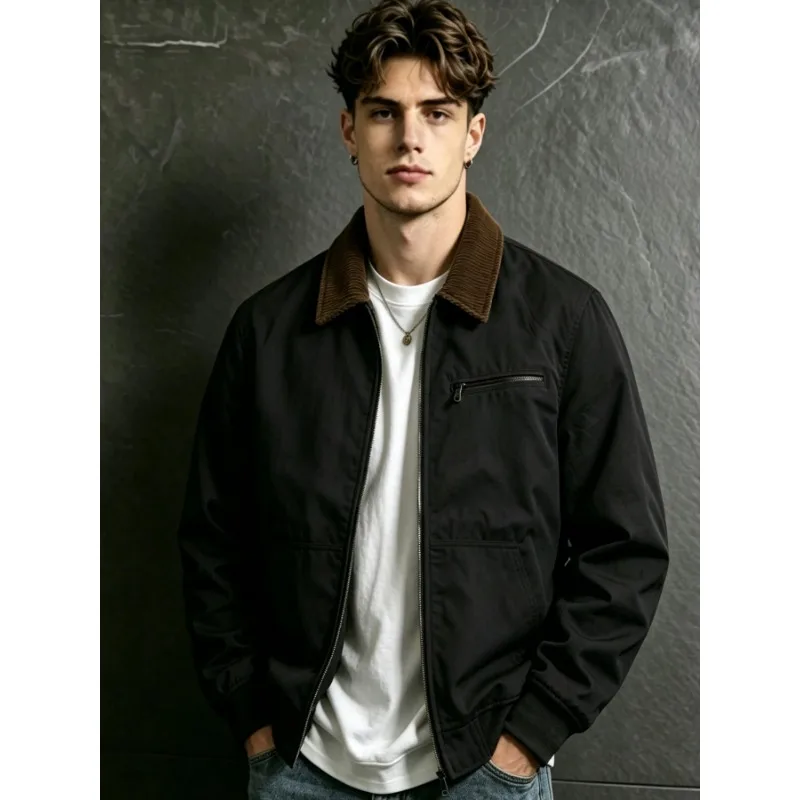 Autumn Men's Retro Canvas Detroit Jacket Corduroy Collar Heavyweight Zipper Workwear Jacket with Pockets Korean Street Outerwear