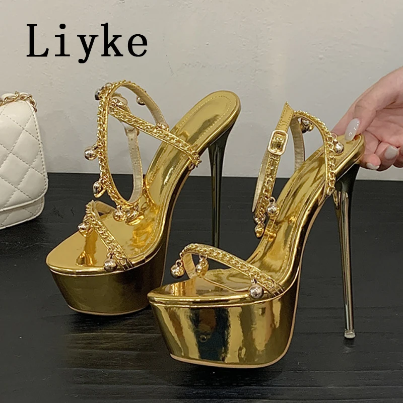

Liyke Summer Sexy 16CM Ultra High Heels Platform Sandals Women Heart Bell Pendants Chain Ankle Strap Fashion Party Dress Shoes