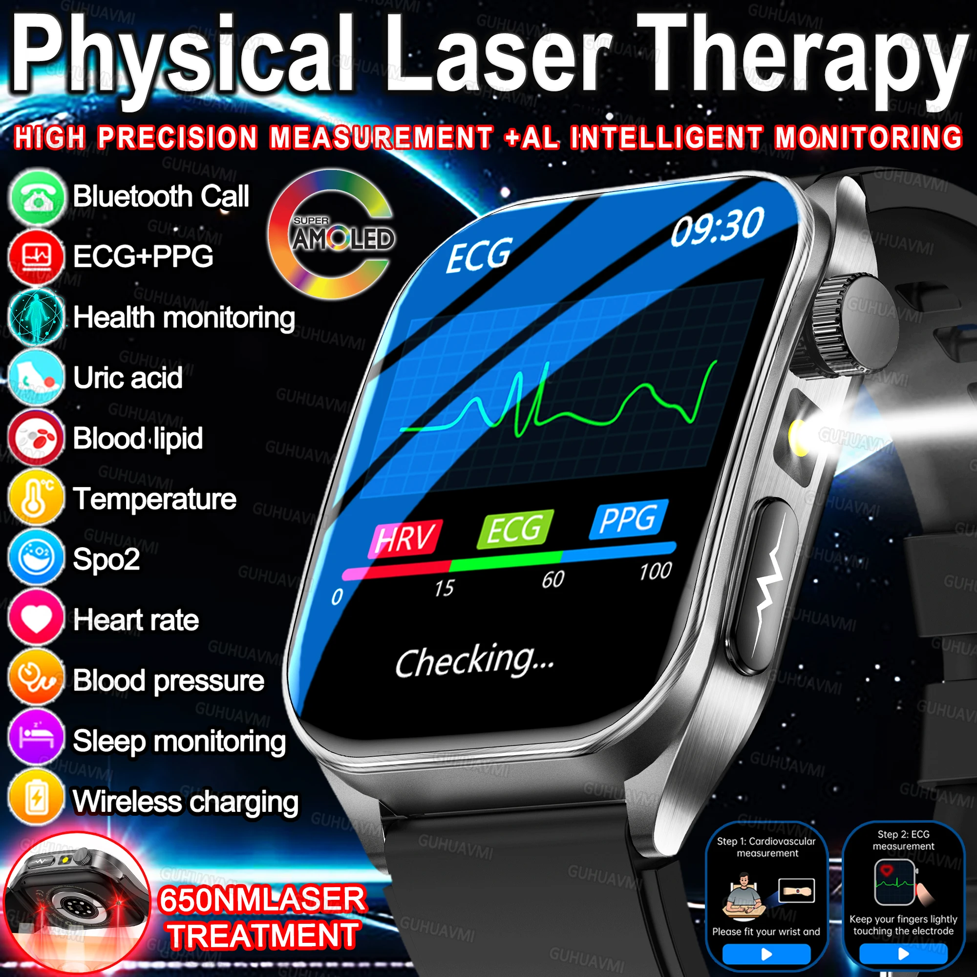 

2025New Laser Therapy ECG+PPG Smart Watch Men 3D Curve Sapphire Glass Uric Acid Lipid AI-GPT Diagosis Health smart bracelet Men
