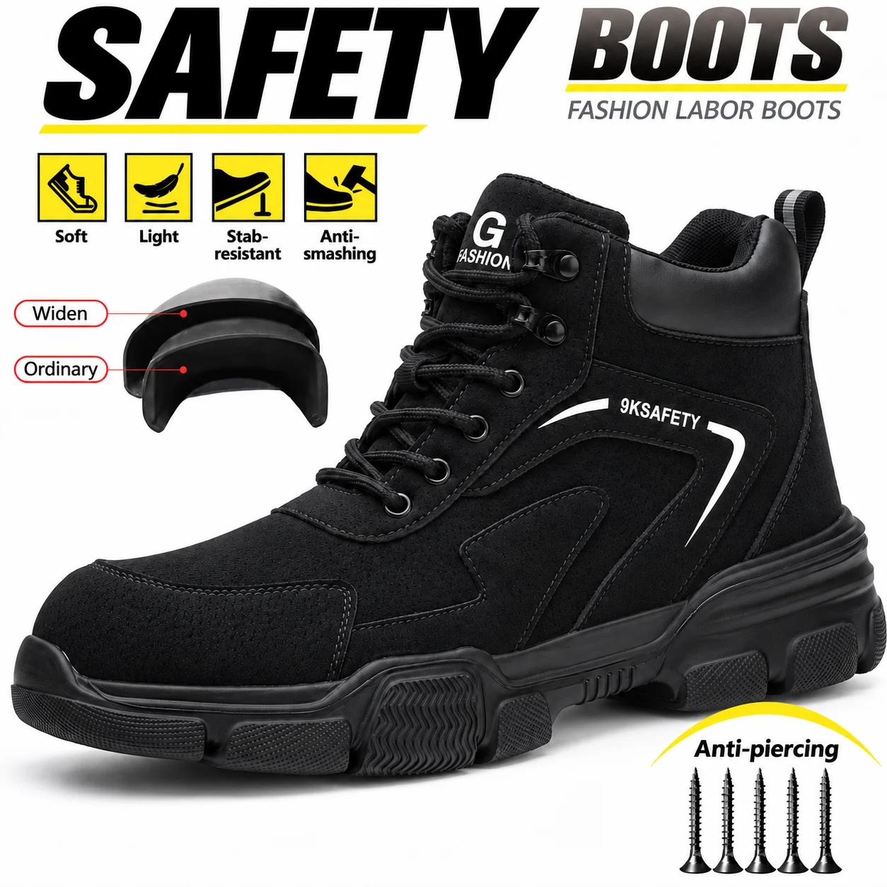 Mens Indestructible Steel Toe Work Boots Puncture Resistant Water Resistant Black High Top Safety Work Sneakers for Construction