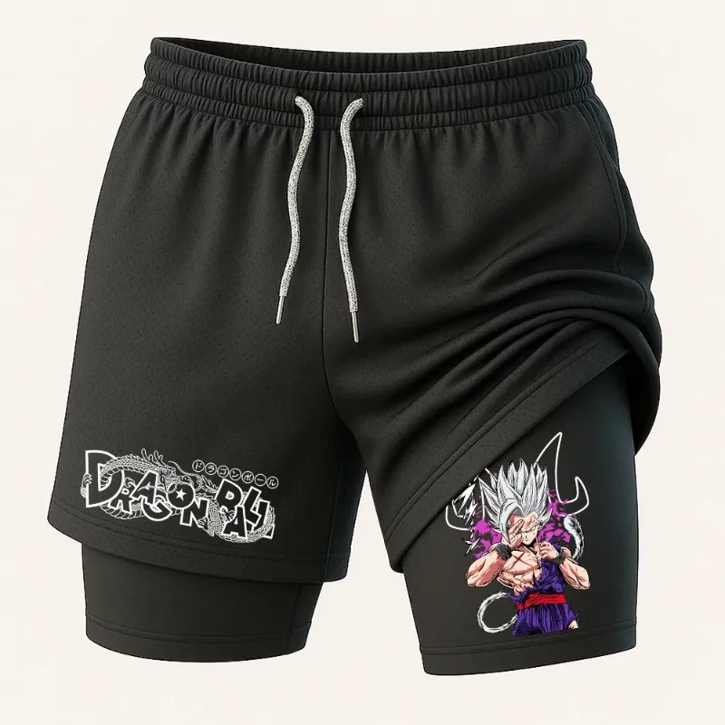 Pantaloncini Dragon Ball 2 in 1 Pantaloncini estivi da uomo con grafica anime giapponese Son Goku Pantaloncini da esterno con tasche Pantaloncini sportivi a due piani da uomo