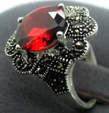 

Red Faceted Crystal 17x22MM 925 Sterling Silver Marcasite Ring Size 7/8/9