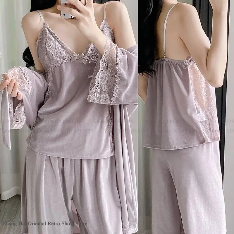 

Autumn Winter New Velvet 3PCS Pajamas Set Women Sleepwear Sexy Lace Lingerie Bath Robe Pijamas Suit Loose Casual Velour Homewear