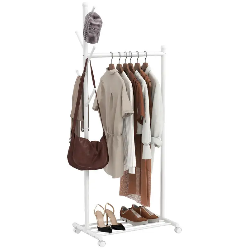 Porte-vêtements sur roulettes avec étagère à chaussures et 5 crochets, 68 x 43 x 171 cm, blanc