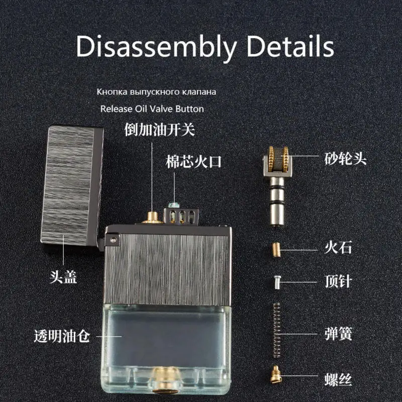 Visible Transparent Oil Tank Volume Storage Kerosene Lighter Long Working Steel Sound Grinding Wheel Gasoline Lighter Retro