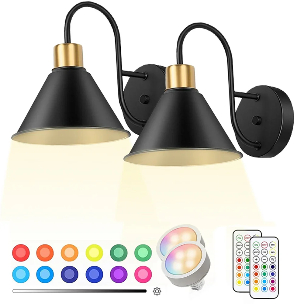 

2 шт. настенных светильников, 13 цветов RGB, теплый белый свет, 5 уровней яркости, дистанционное управление, таймер, сенсорное управление, черный цвет, беспроводные, для спальни и гостиной