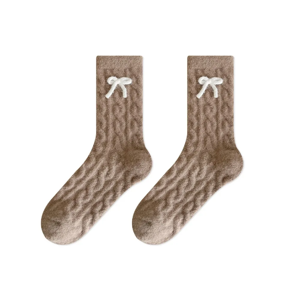 

Kawaii Thickened Coral Fleece Socks Screw Thread Winter Floor Plush Socks Bowknot Hosiery Mid Tube Socks Women Winter