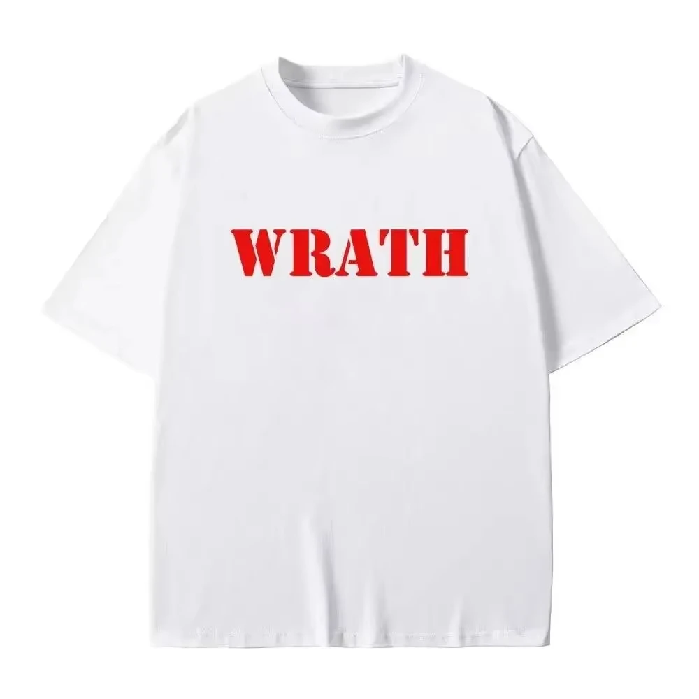 2026 New WRATH Letter Graphic T Shirt Men Bold Red Text Print Loose Fit Cotton Short Sleeve Casual Streetwear Tee