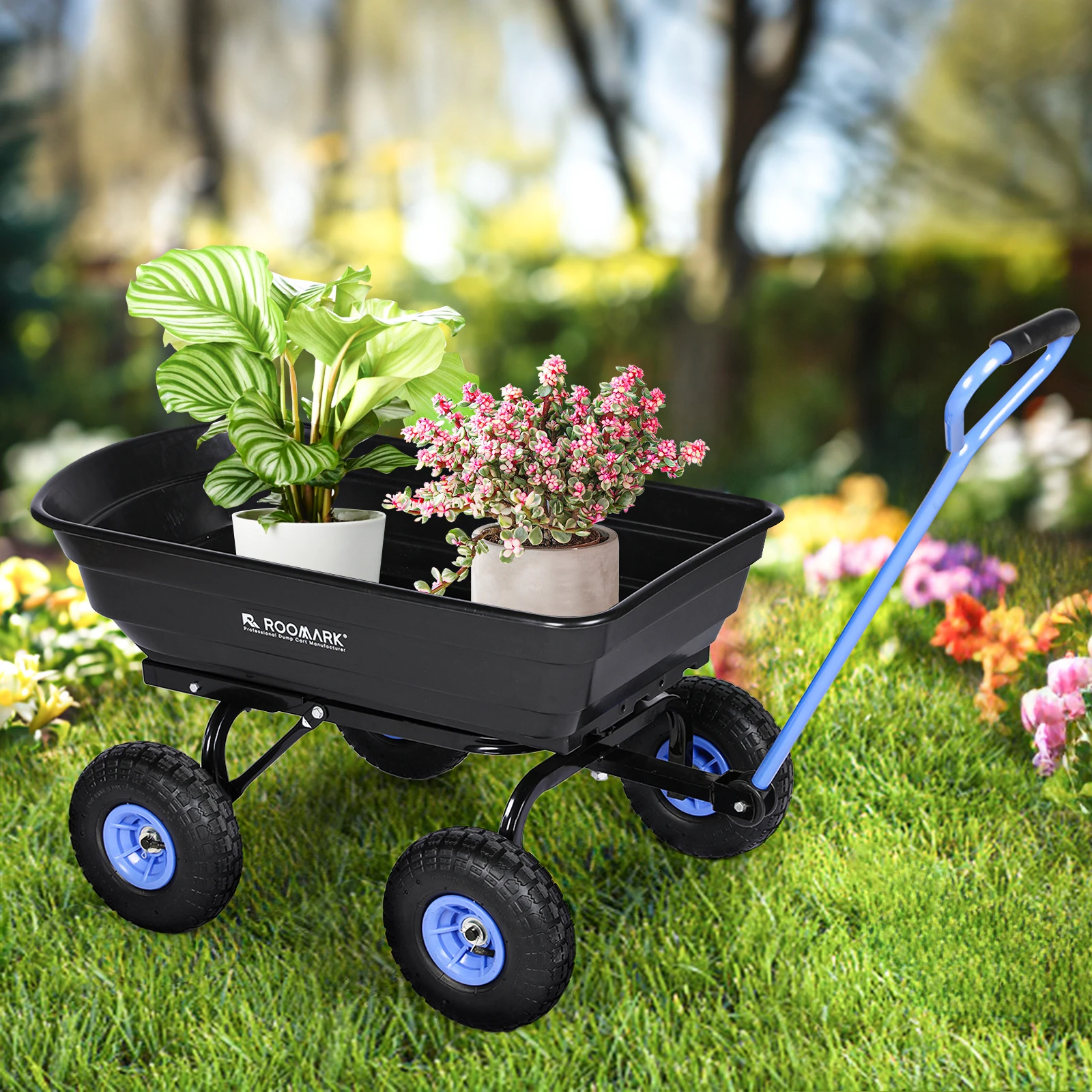 

Roomark Garden Dump Cart w/ Quick Release System 600lb Yard Cart Heavy Duty Poly Yard Dump Wagon w/ Adjustable Handle 10in Tires