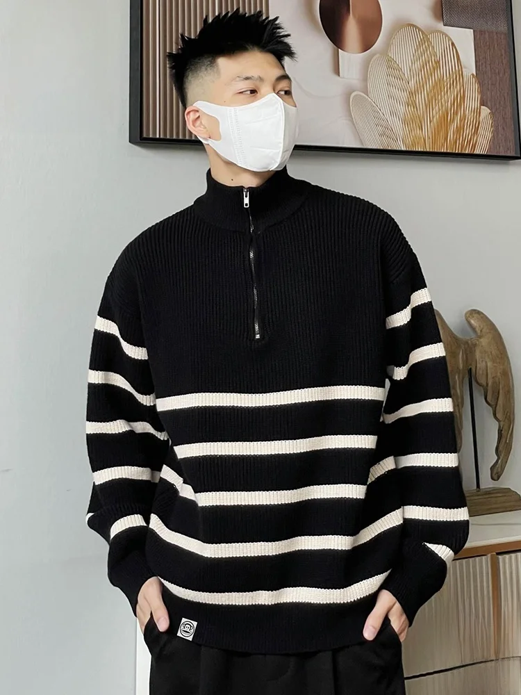 

PaulFrank M Zipper Ne Striped Knitted Sweater Autumn New Casual Sle Polyester Fiber Long Sve Faionable Top