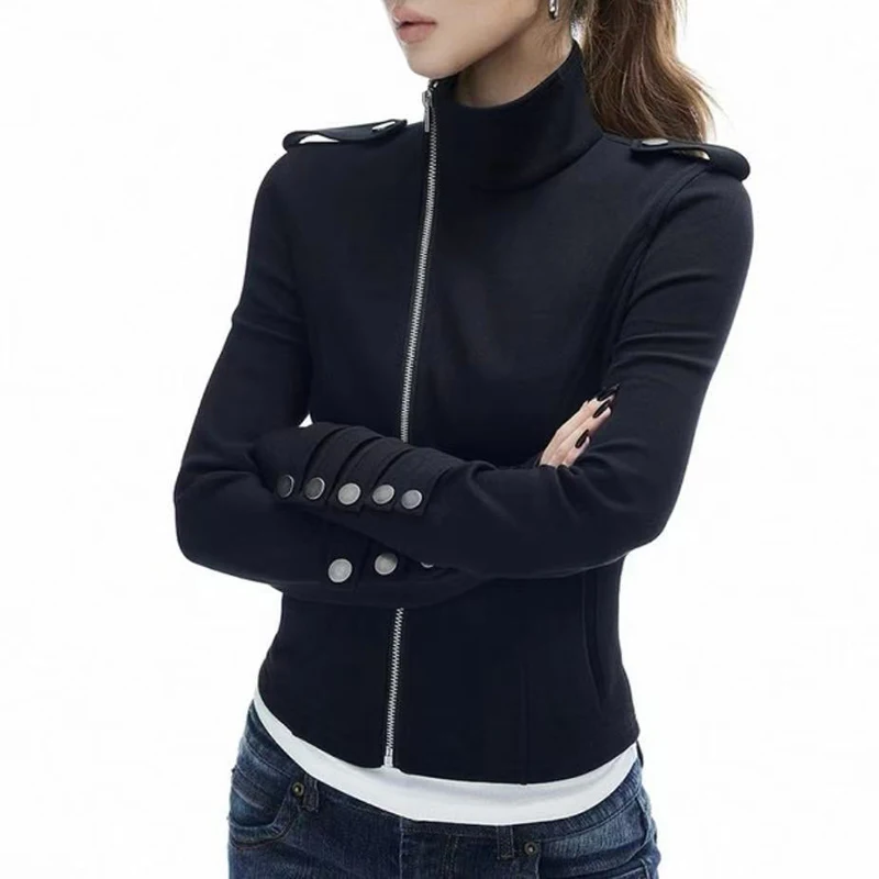 

MEXZT Y2K Black Jacket Women Harajuku Vintage Cropped Stand Collar Coats Autumn Streetwear Buttons Long Sleeve Zipper Outerwears