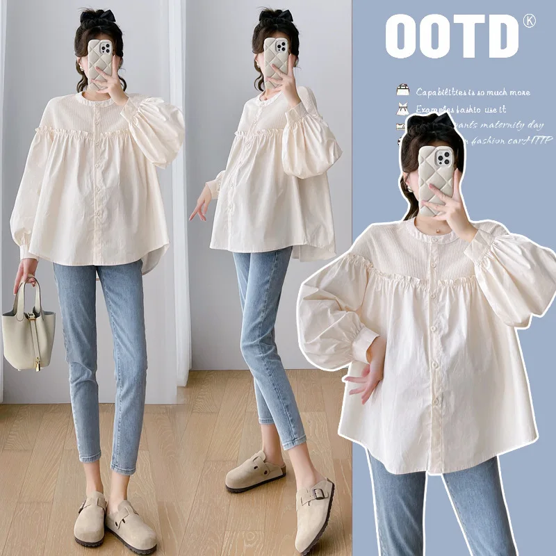 7156# Autumn Korean Fashion Patchwork Maternity Blouses Oversize Loose Tunic Clothes for Pregnant Women Cute Pregnancy Tops