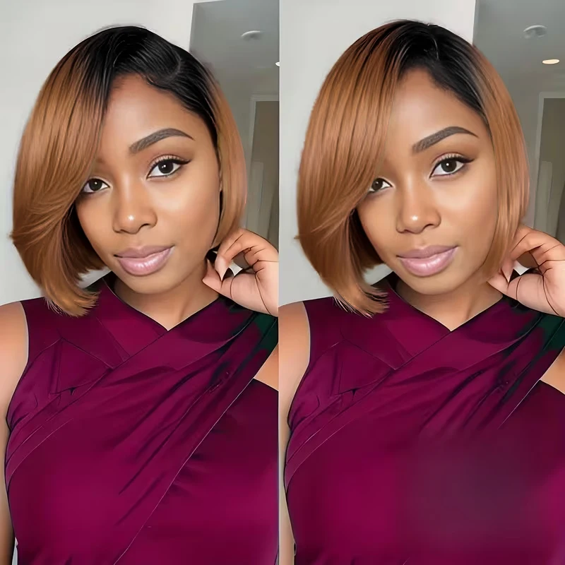 

1b30 Brown Wavy Straight Pixie Cut 13x4 Transparent Lace Frontal Wig Remy Human Hair