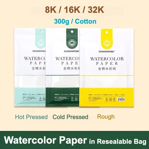 POTENTATE 300g papel de acuarela de algodón en bolsa prensa en frío prensa en caliente pintura de bocetos rugosos 4K 8K 16K 32K portátil sin ácido