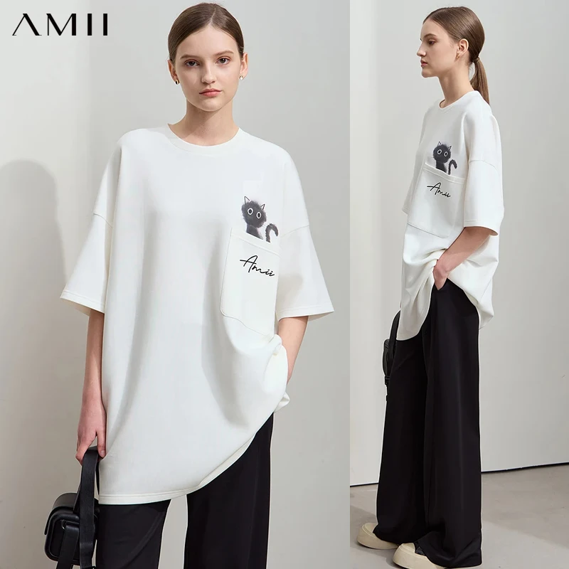 AMII Minimalist T-shirt Women 2026 Summer New Loose Stretch Pullover Drop Sleeves Printed Mid-length Over Size Tee Tops 12511011