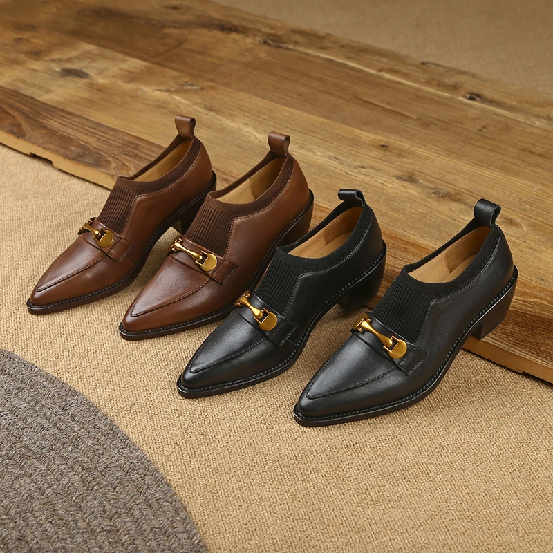 

2023 new autumn women pumps natural leather 22-25cm washed cowhide+pigskin full leather buckle Retro brush color women shoes