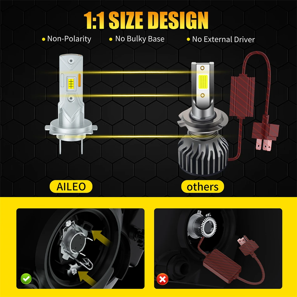 AILEO 2Pcs 200W 20000LM H7 헤드 라이트 LED 6500K 4300K ​​3000K 조명 전구 미니 크기 디자인 무선 자동차 램프 CSP 7035 플러그 앤 플레이