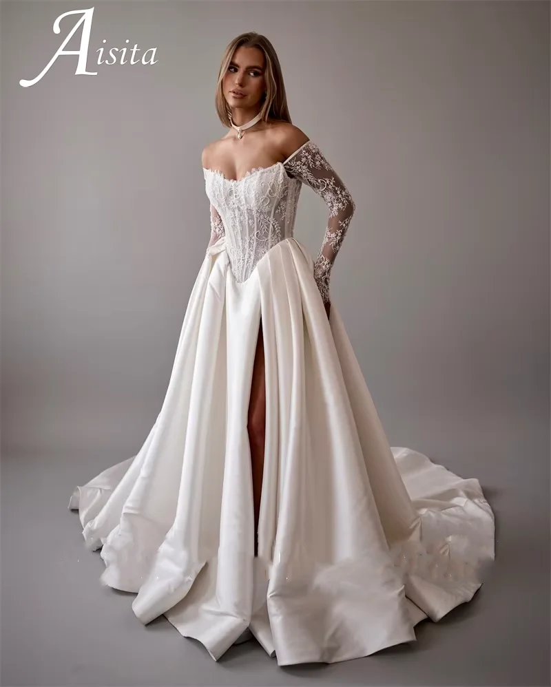 A Line Wedding Dresses Off Shoulder Customized Slit Satin Lace Split Thick Satin Dubai Long Sleeves 2025 Detachable Sleeves